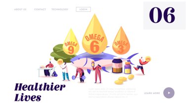Omega Şişmanlar Sitesi İniş Sayfası. İnsanlar Polyunurated Fatty Acids ile Vitamin ve Ürün Alırlar, Yüksek Omega 3-6-9 Web Sayfası Banner ile Doğal Organik Yiyecekler. Çizgi film Düz Vektör İllüstrasyonu