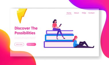 Uzaktan Öğrenme Eğitimi, Çevrimiçi Kütüphane Web Sitesi İniş Sayfası. Kitap Yığını Üzerinde Oturan Genç Kadınlar Ders Kitaplarını Okumak İçin Kullanıyor Web Sayfası Afişi. Çizgi film Düz Vektör İllüstrasyonu
