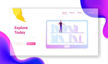 Elektronik Kütüphane, Çevrimiçi Eğitim, İnternet Sitesi İniş Sayfasında E-kitaplar. Minik Adam Tablet 'te elinde kitaplıklarla ekrandaki web sayfası afişiyle ayakta duruyor. Çizgi film Düz Vektör İllüstrasyonu
