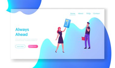 Karakterler Online Alışveriş Sitesi İniş Sayfası. Kadın Satın Almak İçin Erkek Arabası Nakitsiz Ödeme İçin Kredi Kartı Taşır. E-ticaret Dijital Pazarlama Web Sayfası Afişi. Çizgi film Düz Vektör İllüstrasyonu