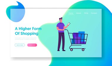 Online Alışveriş Teknolojileri Web Sitesi İniş Sayfası. Trolley 'li Genç Adam Alıcı, Smartphone' u Dükkan Başvurusu ve Satın Alım Arabası Web Sayfası Afişi ile Kullan. Çizgi film Düz Vektör İllüstrasyonu