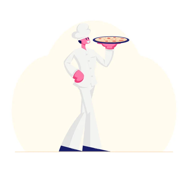 Young Man Chef Wearing Toque and White Uniform Holding Tray with Pizza in Hand. Restaurant Staff Demonstrating Menu, Serve Guests in Cafe, Pizzeria or Bakery Shop. Cartoon Flat Vector Illustration — Stock Vector