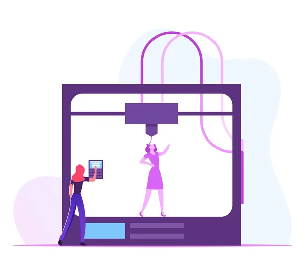 Technologie Innovation Konzept Ingenieurin Kontrolle 3D-Druckverfahren. automatischer dreidimensionaler Druckmechanismus, der weibliche Figur ausdruckt. Maschine erstellt Objekt Cartoon flache Vektorillustration — Stockvektor