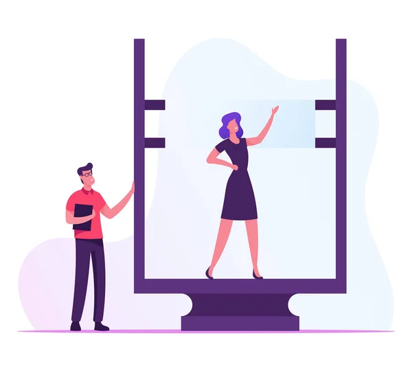 Developer Engineer Stand at Automatic Three Dimensional 3d Printer Perform Female Prototype Creation. 3d Printing or Additive Manufacturing and Automation Technology. Cartoon Flat Vector Illustration — 스톡 벡터