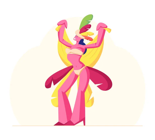 Chica bailando en el Carnaval de Río de Janeiro. Bailarina Brasileña Samba Mujer Vestida con Bikini de Traje Festival con Plumas Multicolores Aisladas sobre Fondo Blanco. Dibujos animados plana Vector Ilustración — Vector de stock