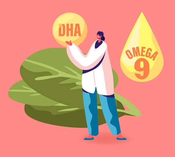 Doctor Female Character Wearing White Robe Holding Huge Droplet of DHA Docosahexaenoic Acid Type of Omega Fat that Improve Many Aspects of Health from Brain to Heart. Cartoon Flat Vector Illustration — 스톡 벡터