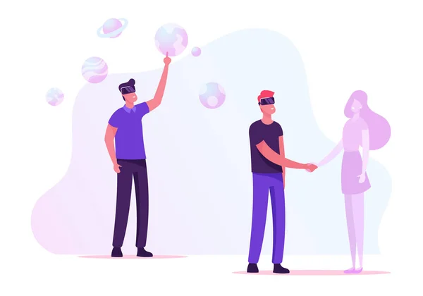 Orang-orang menggunakan Virtual Reality Technology untuk Kencan dan Pendidikan. Karakter Pria Mengenakan Realitas Augmented Vr Goggles Tanggal dengan Gadis dan Belajar. Man Pelajari Astronomi Kartun Flat Vector Illustration - Stok Vektor