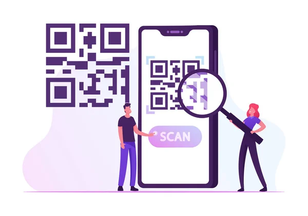 E-Wallet, Cashless Payment Technology. Vrouw op zoek naar Qr Code, Man Druk op Scan knop op Enorme Smartphone Screen Scanning Tag in Shop Genereren van digitale betalen zonder geld Cartoon Flat Vector Illustratie — Stockvector