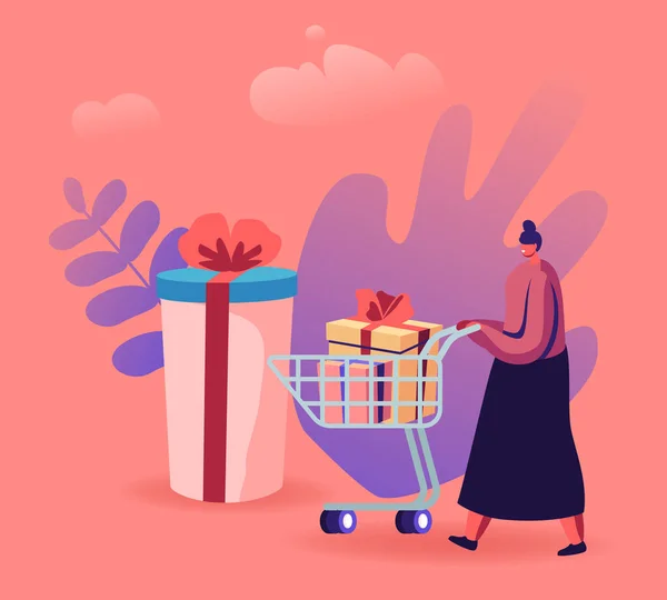 Χαρούμενη Shopaholic Girl Pushing Trolley με Αγορές και Κουτιά Δώρου. Ευτυχισμένη γυναίκα με πακέτα. Γυναίκα αγοραστής Καλή διασκέδαση κάνοντας ψώνια. Εποχιακή πώληση, Έκπτωση Coupon Cartoon Flat Vector Εικονογράφηση — Διανυσματικό Αρχείο