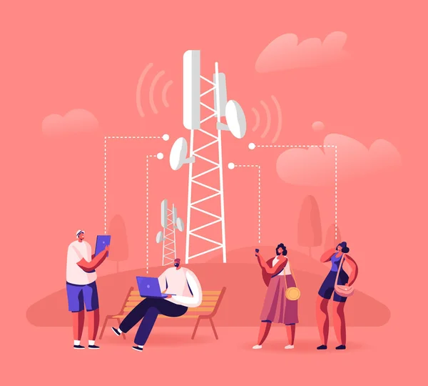 5g Network Wireless Technology Concept. People at Transmission Tower Using High-speed Mobile Internet at Modern Digital Devices Male and Female Characters with Gadgets Cartoon Flat Vector Illustration — 스톡 벡터