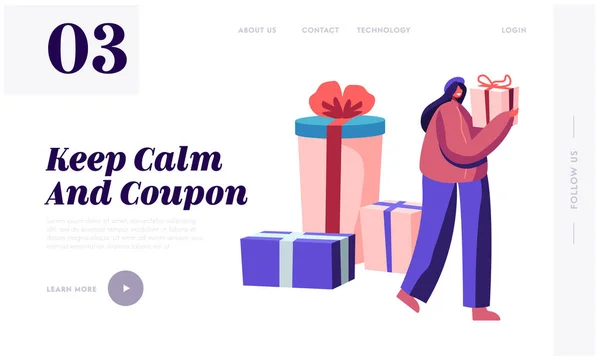 Oferta de Promoción de Compras y Venta Festiva Página Web Landing Page. Chica caminando con caja de regalo Prepárate para las fiestas. Mujer Usando Cupón para Comprar Banner de Página Web Presente. Dibujos animados plana Vector Ilustración — Archivo Imágenes Vectoriales