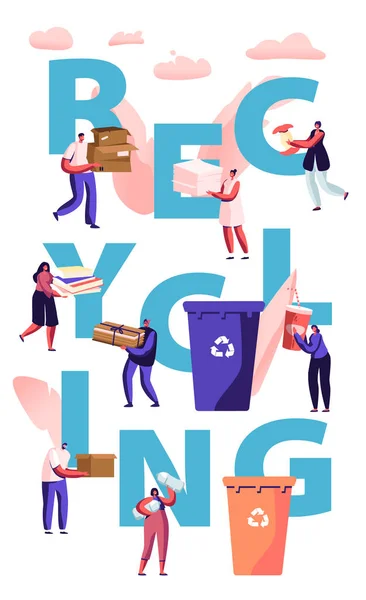 Conceito de Reciclagem. As pessoas jogam lixo em recipientes com sinal de reciclagem. Habitantes da cidade a recolher lixo. Poluição, Cartaz de Proteção Ecológica Folheto do Folheto do Banner. Desenhos animados ilustração vetorial plana —  Vetores de Stock