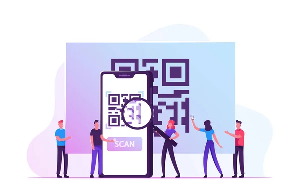 Kleine mannelijke en vrouwelijke personages staan op Enorme Smartphone Kijkend naar Qr Code op het scherm door vergrootglas. Internet Smart Technologies, Koopkwaliteitscontrole. Cartoon Flat Vector Illustratie — Stockvector