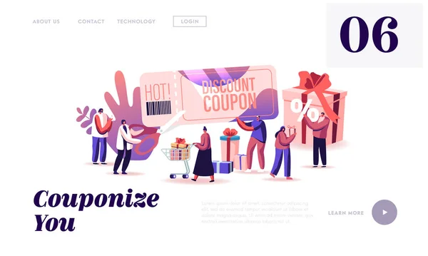 Sprzedaż i korzystanie z kuponu rabatowego strony internetowej Landing Page. Happy People Zakupy Rekreacja, Zakup prezentów na wakacje, Konsument Cena Off Promo Web Page Banner. Ilustracja wektora płaskiego kreskówki — Wektor stockowy