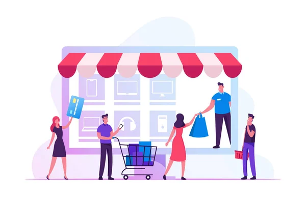 Online Shopping Concept. Customers with Credit Cards and Trolleys Buying Goods at Huge Gadget Screen with Purchase Icons. Digital Marketing, Internet Store Business. Cartoon Flat Vector Illustration