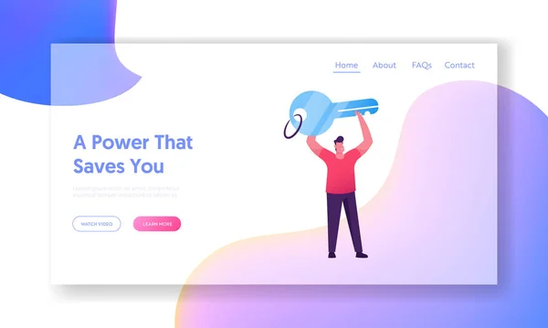 Autorización en la página de aterrizaje del sitio web del sistema de seguridad. Hombre sosteniendo la llave enorme para el control de acceso de la cuenta o Smartphone. Identificación de Banner de Página Web de Persona. Dibujos animados plana Vector Ilustración — Archivo Imágenes Vectoriales