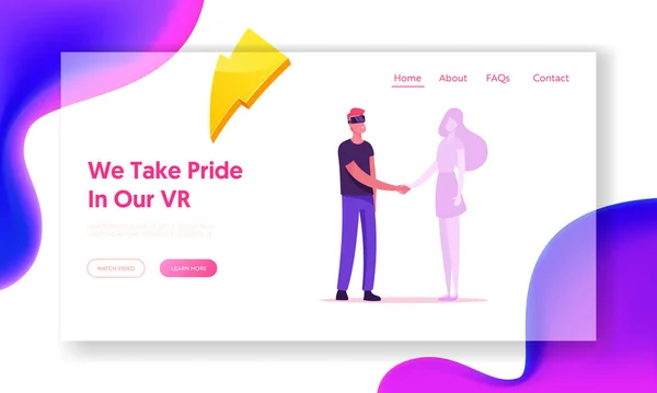 Vr Dating, Human Relations Strona internetowa Landing Page. Młody mężczyzna w okularach wirtualnej rzeczywistości trzymający rękę hologramu. Komunikacja Miłość Przyjaźń Web Page Banner. Ilustracja wektora płaskiego kreskówki — Wektor stockowy