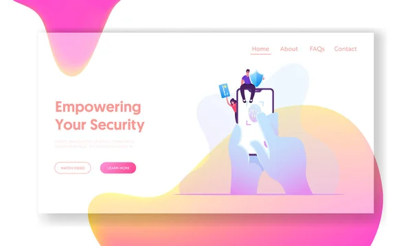 Biometric ID Fingerprint Scanning, Cyber Security Website Landing Page. Man Sit on Huge Mobile with Shield in Hand, Woman Hold Credit Card. Finger Scan Web Page Banner Cartoon Flat Vector Illustration — 스톡 벡터