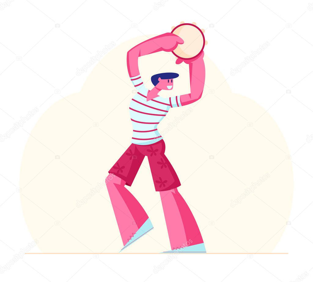 Brazilian Tambourine Player Singing and Playing Samba at Rio Carnival. Artist Performing on Traditional Instrument Popping Up Drum. Folk Festival Culture Performance. Cartoon Flat Vector Illustration