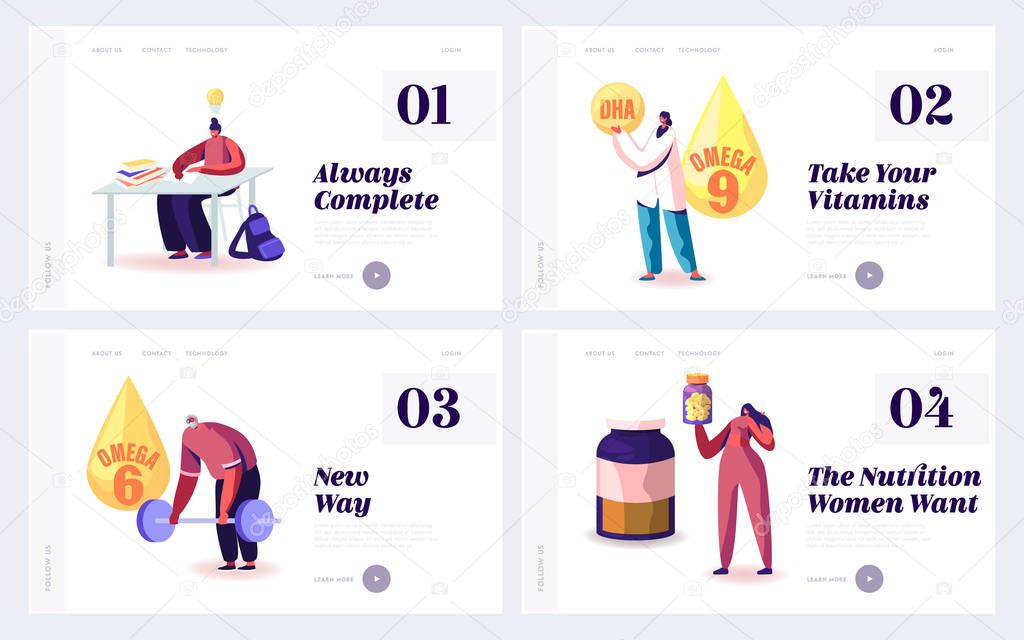 People Apply Omega Oil Website Landing Page. Web Page Banner. Male Female Characters Healthy Lifestyle with Natural Fat Ingredient DHA, EPA Polyunsaturated Fatty Acid Cartoon Flat Vector Illustration