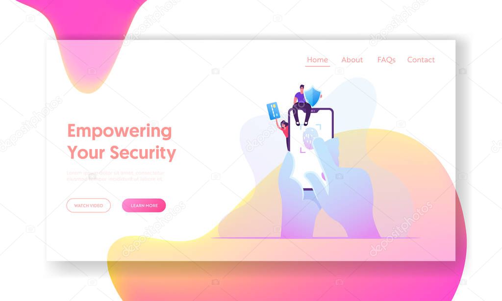 Biometric ID Fingerprint Scanning, Cyber Security Website Landing Page. Man Sit on Huge Mobile with Shield in Hand, Woman Hold Credit Card. Finger Scan Web Page Banner Cartoon Flat Vector Illustration