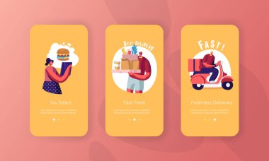 Teslimat Hizmeti Nakliye. Mobil Uygulama Sayfası Ekran Ayarları. Scooter 'daki İşçi Karakteri Paket Kutusunu Mutlu Genç Kadın Konseptine Getir Web sitesi ya da Web Sayfası, Çizgi Film Düz Vektör İlülasyonu