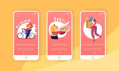 Çevrimiçi Alışveriş ve Teslimat Mobil Uygulama Sayfası Ekran Ayarları. Teslimatçı Pizza Getiren Müşteriye, Bakkaliyeli Kadın Web sitesi ya da Web Sayfası, Çizgi Film Düz Vektör İllüstrasyonu
