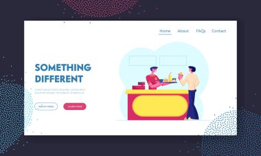 Müşteri Fast Food Web Sitesi İniş Sayfası Satın Alıyor. Üniformalı Satıcının Hamburger, Kızarmış Patates, Soda İçeceği, Hotdog ve Kahve Web Sayfası Afişi. Çizgi film Düz Vektör İllüstrasyonu