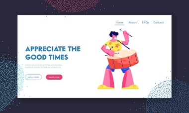 Rio Karnaval Eğlence Şovu Web Sitesi İniş Sayfası. Davulcu Davul Çalıyor. Perküsyon Aracı Web Sayfası Çizgi Filmi Düz Vektör İllüstrasyonuyla Sahnede Yetenekli Müzisyen Karakteri