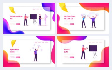 İnsanlar Sanal Gerçeklik Fütüristik Teknoloji Sitesi İniş Sayfası Kullanıyor. Erkek Karakteri Vr Oyunları Oynuyor, Holografik Kadınla Çıkma, Astronomi Çalışması Web Sayfası Afişi. Çizgi film Düz Vektör İllüstrasyonu