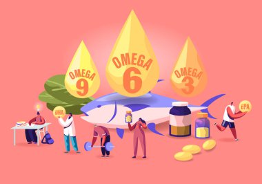Omega Şişman Kavramı. İnsanlar Polyunurated Fatty Acids ile Vitamin ve Ürün Alırlar Yüksek Omega 3-6-9 İçerik Posteri Afişi Broşürü Yassı Vektör İlülasyonu