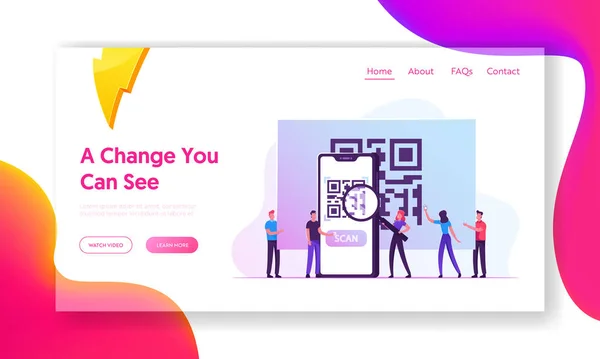 Compra Página Web de Control de Calidad Landing Page. Personajes de personas pequeñas se paran en un teléfono inteligente enorme mirando el código Qr en la pantalla a través de la bandera de la página web de lupa. Dibujos animados plana Vector Ilustración — Archivo Imágenes Vectoriales