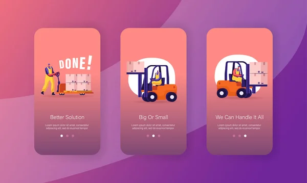 Fretes, Entrega e Logística Mobile App Page Onboard Screen Set. Carga de elevação do trabalhador na máquina de empilhadeira e conceito de carrinho manual para site ou página da web, ilustração de vetores planos de desenhos animados —  Vetores de Stock