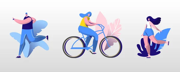 ชุดกีฬากลางแจ้ง ชายและหญิงวิ่งขี่จักรยานและสเก็ตลูกกลิ้งในช่วงฤดูร้อน กิจกรรมกีฬากลางแจ้ง ไลฟ์สไตล์เพื่อสุขภาพ การวิ่งและการขี่จักรยาน การ์ตูน ภาพเวกเตอร์แบน — ภาพเวกเตอร์สต็อก
