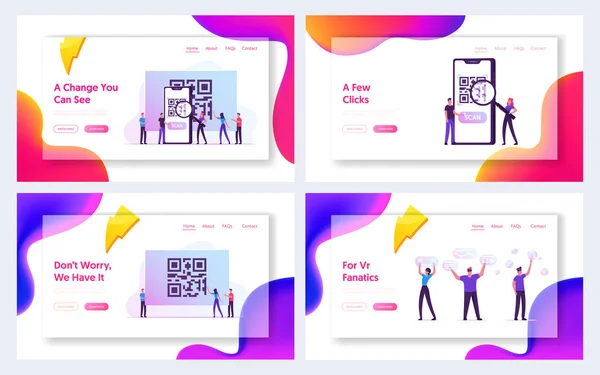 Internet Smart Technologies, Website Landing Page. People Use Mobile Application for Shopping and Generating Digital Pay Without Money Using Qr Code Web Page Banner. Cartoon Flat Vector Illustration — 스톡 벡터