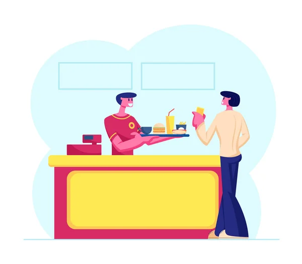 Jovem Compra de Clientes Fast Food Combo Set at Counter Desk with Friendly Salesman in Uniform Giving Tray with Hamburger, Fried Potato, Soda Drink, Hotdog and Coffee Cartoon Flat Vector Illustration —  Vetores de Stock