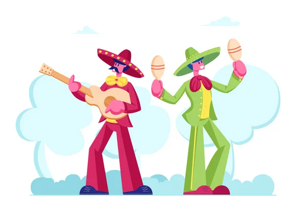 Cinco De Mayo Festival con Grupo de Hombres Mexicanos en Disfraces Coloridos y Sombrero tocando Guitarra y Maracas celebrando el Día Nacional de la Música Folclórica. Artista Músicos Dibujos animados plana Vector Ilustración — Vector de stock