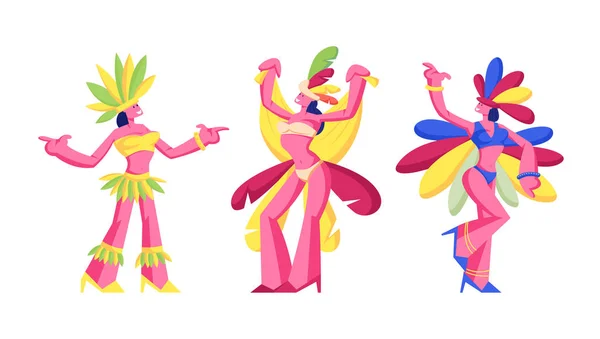 Brasileiras dançarinas de samba mulheres isoladas em fundo branco, cultura brasileira, carnaval no Rio de Janeiro, meninas vestindo trajes de festival com asas de penas dançando desenhos animados ilustração vetorial plana —  Vetores de Stock