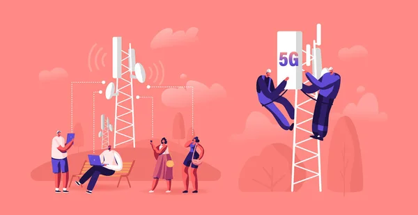 5g Technology Concept. Workers on Transmitter Tower Set Up High-speed Mobile Internet, City Dwellers Using New Generation Networks for Communication and Gadgets. Cartoon Flat Vector Illustration — 스톡 벡터
