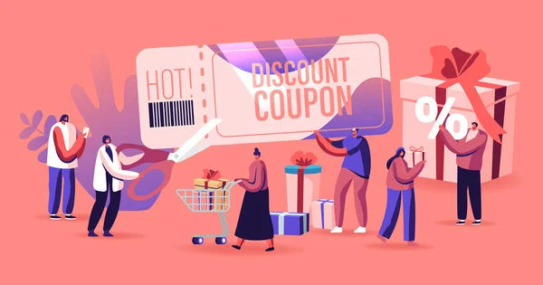 Conceito de venda. Happy People Compras Recreação. Personagens masculinos e femininos comprando coisas e presentes para feriados usando cupom de desconto. Consumismo Preço Off Promo. Desenhos animados ilustração vetorial plana — Vetor de Stock