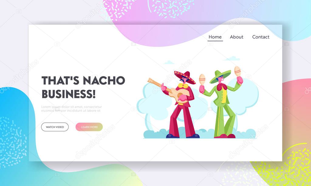Mexican Artist Musicians Website Landing Page. Cinco De Mayo Festival with Group of Men in Colorful Costumes and Sombrero Playing Guitar and Maracas Web Page Banner. Cartoon Flat Vector Illustration