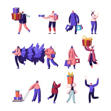 Mutlu insanlar hediye kutuları ve ellerinde firavun ağacı taşır. Erkek Kadın Karakterler Kış Bayramında Aile ve Arkadaşlarla Noel Kutlaması İçin Acele Edin Çizgi Film Çizgi Filmi