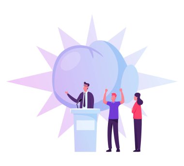 People Support Speaker Candidate Standing on Tribune Giving Speech. Characters Law-abiding Citizen City Dwellers Execute Rights and Duties in Political Life of Country Cartoon Flat Vector Illustration clipart