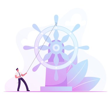 Şirket Yönetimi, Liderlik ve Yönetim Konsepti. Hayali Teknede Yüzen İşadamı Amaçlı Yuvarlanan Büyük Direksiyon İple Zıpladı. Hırslı Plan Çizgi Film Düz Vektör İllüstrasyonu