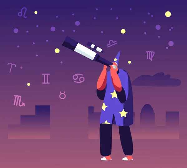 Astrologer in Costume and Cap Watching on Moon and Stars through Telescope Studying Space. Astrology School, Cosmos Exploration, Scientific Investigation, Education Cartoon Flat Vector Illustration — 스톡 벡터