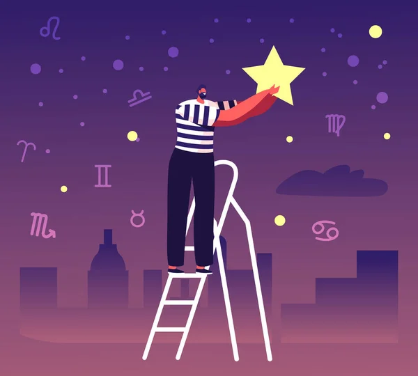 Merdiven üzerindeki Erkek Karakter Yıldızı Gece Gökyüzünde Zodiac Takımyıldızlarıyla. Kozmos Keşfi, Bilimsel Araştırma. Uzay Çalışan Adam, Astronomi Bilim Çizgi Filmi Düz Vektör İllüstrasyonu — Stok Vektör