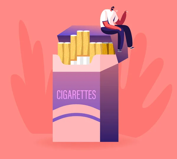 Hábito Malsano, Fumar Concepto de Adicción al Tabaco con Nicotina. Pequeño personaje masculino sentado en una enorme caja de cigarrillos y fumando. Man Having Pleasure of Smoker Lifestyle. Dibujos animados plana Vector Ilustración — Vector de stock