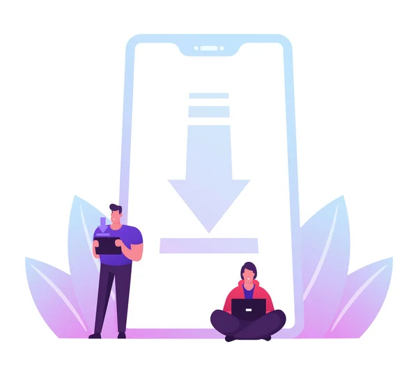 Baixe grátis Concept. Personagens de pessoas ficam no enorme telefone móvel com Upload Sign na tela do smartphone. Torrent Data Piracy (em inglês). Transferência e partilha de ficheiros. Desenhos animados ilustração vetorial plana —  Vetores de Stock