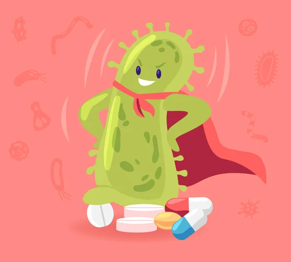 Epidemic Disease and Vaccination. Huge Green Microbe Wearing Red Super Hero Cloak Stand with Arms Akimbo on Pile of Different Medicine Pills Randomly Scattered Around. Cartoon Flat Vector Illustration — 스톡 벡터