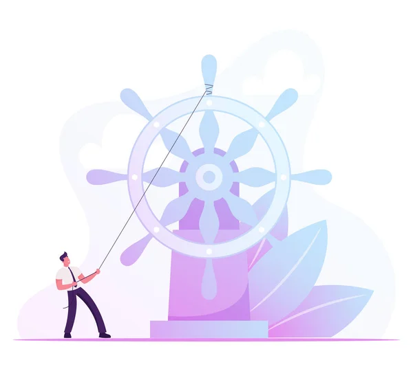 Corporate Governance, Leadership and Management Concept. Zakenman drijvend op Imaginary Boat te richten Rolling Enorme stuurwiel begrensd met touw. Ambitieus plan Cartoon Flat Vector Illustratie — Stockvector